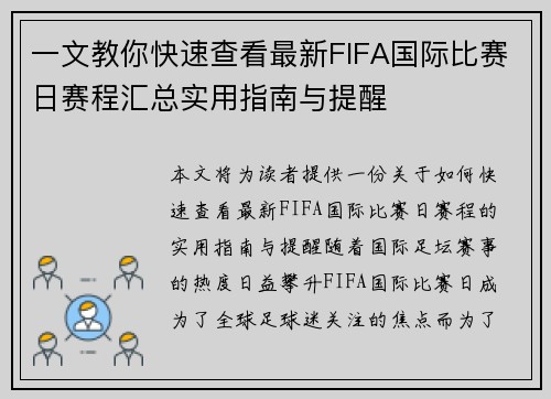 一文教你快速查看最新FIFA国际比赛日赛程汇总实用指南与提醒 一文教你快速查看最新FIFA国际比赛日赛程汇总实用指南与提醒