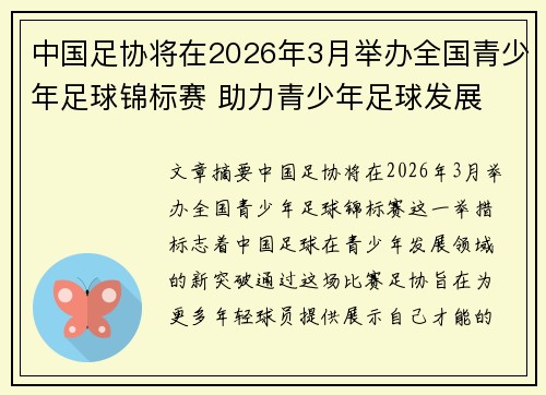 中国足协将在2026年3月举办全国青少年足球锦标赛 助力青少年足球发展