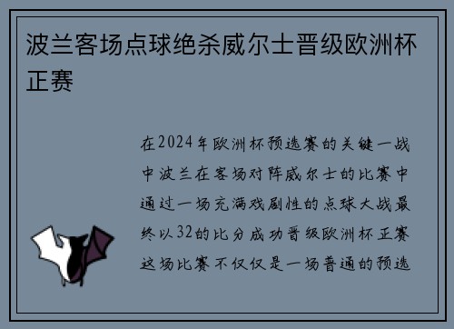 波兰客场点球绝杀威尔士晋级欧洲杯正赛
